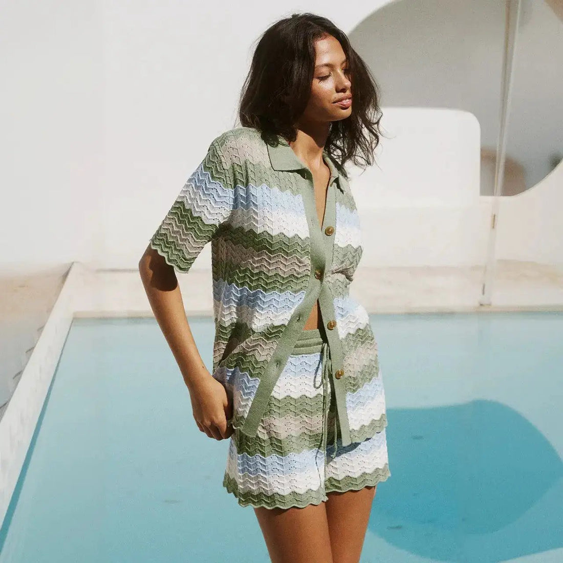 Hollow-out Striped Beach Cover-up Set by Dropshipman