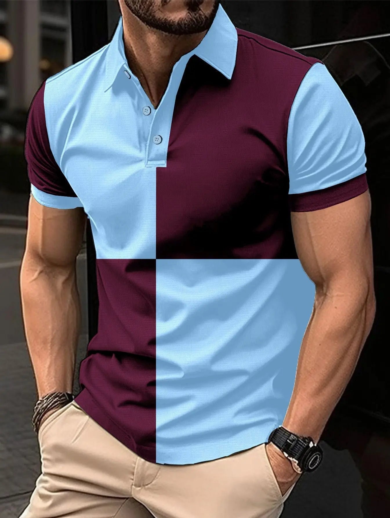 Black and white men's casual sports polo shirt with color stitching and turnover neck, by Dropshipman.
