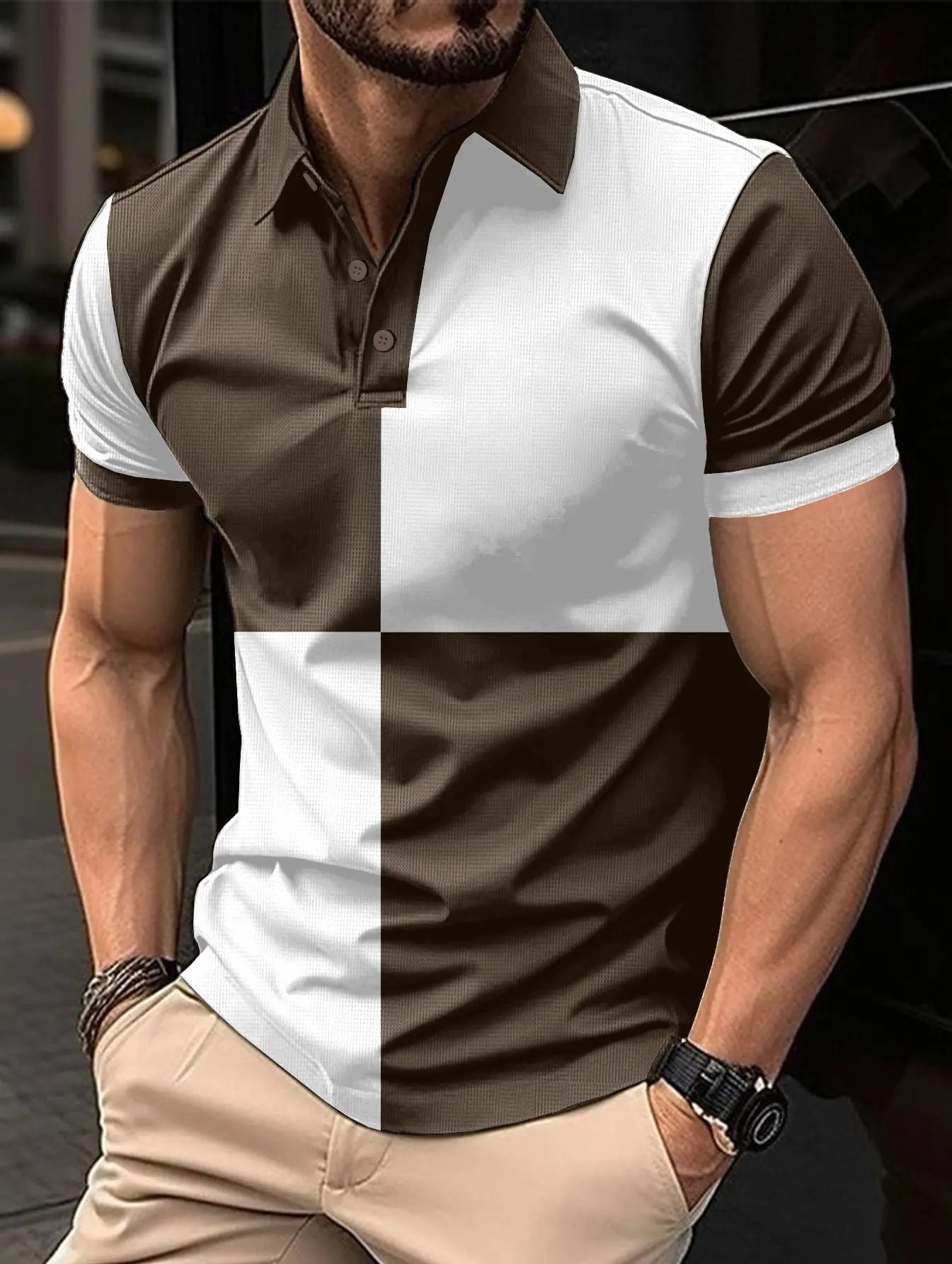 Men's black and white casual sports polo shirt with color stitching and turnover neck, branded by Dropshipman.