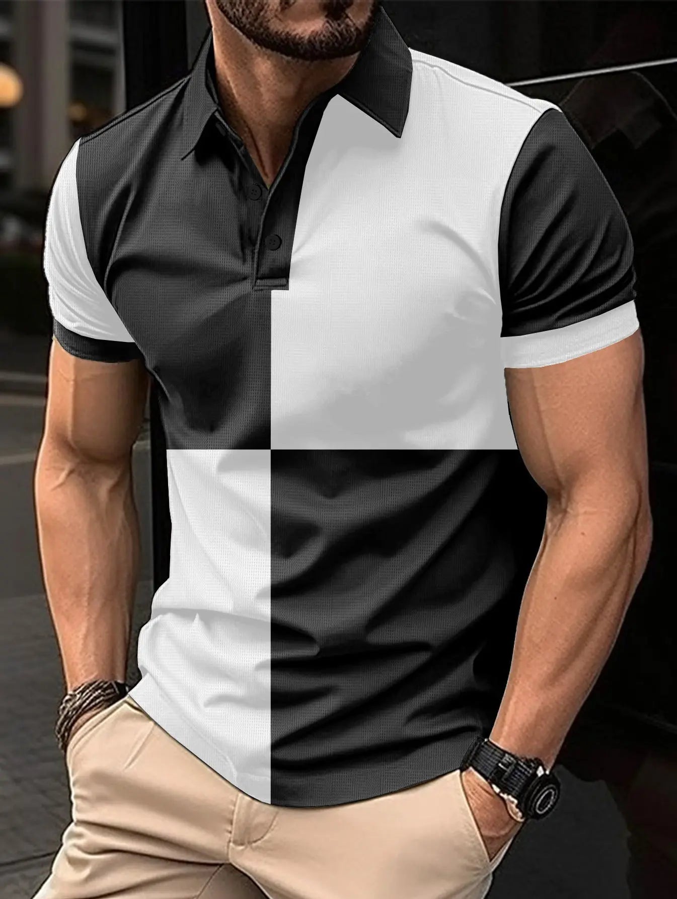 Black and white men's casual sports polo shirt with color stitching and turnover neckline by Dropshipman.