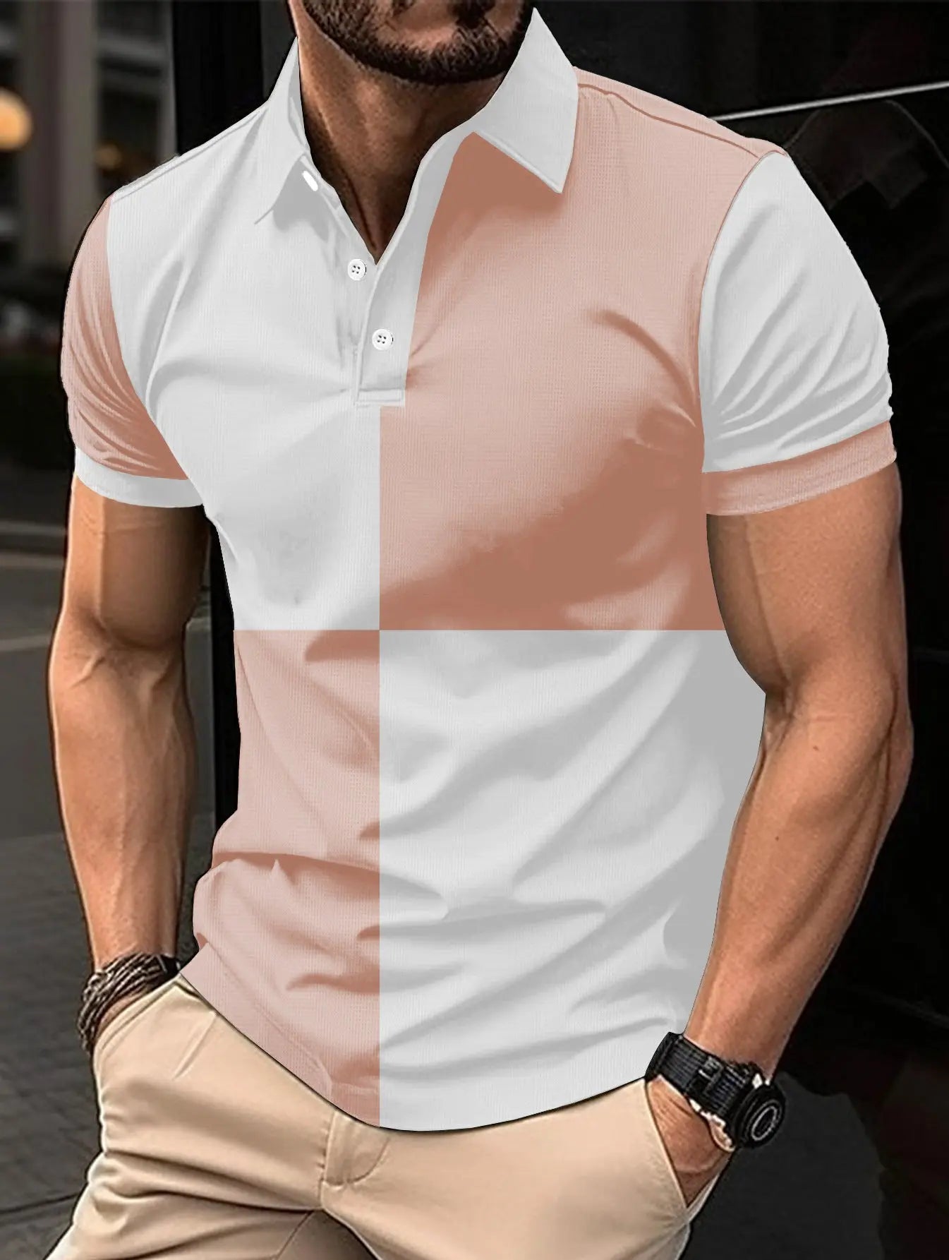 Black and white men's casual sports polo shirt with color stitching and turnover collar by Dropshipman.
