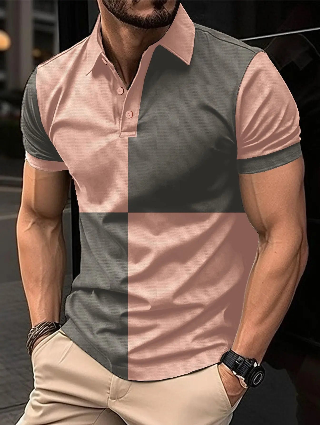 Black and white men's casual sports polo shirt with color stitching and turnover neck by Dropshipman. Short sleeve design.