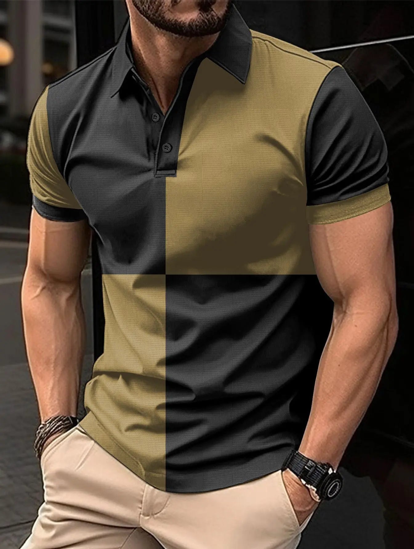 Black and white men's casual sports polo shirt with color stitching and turnover neck, by Dropshipman.