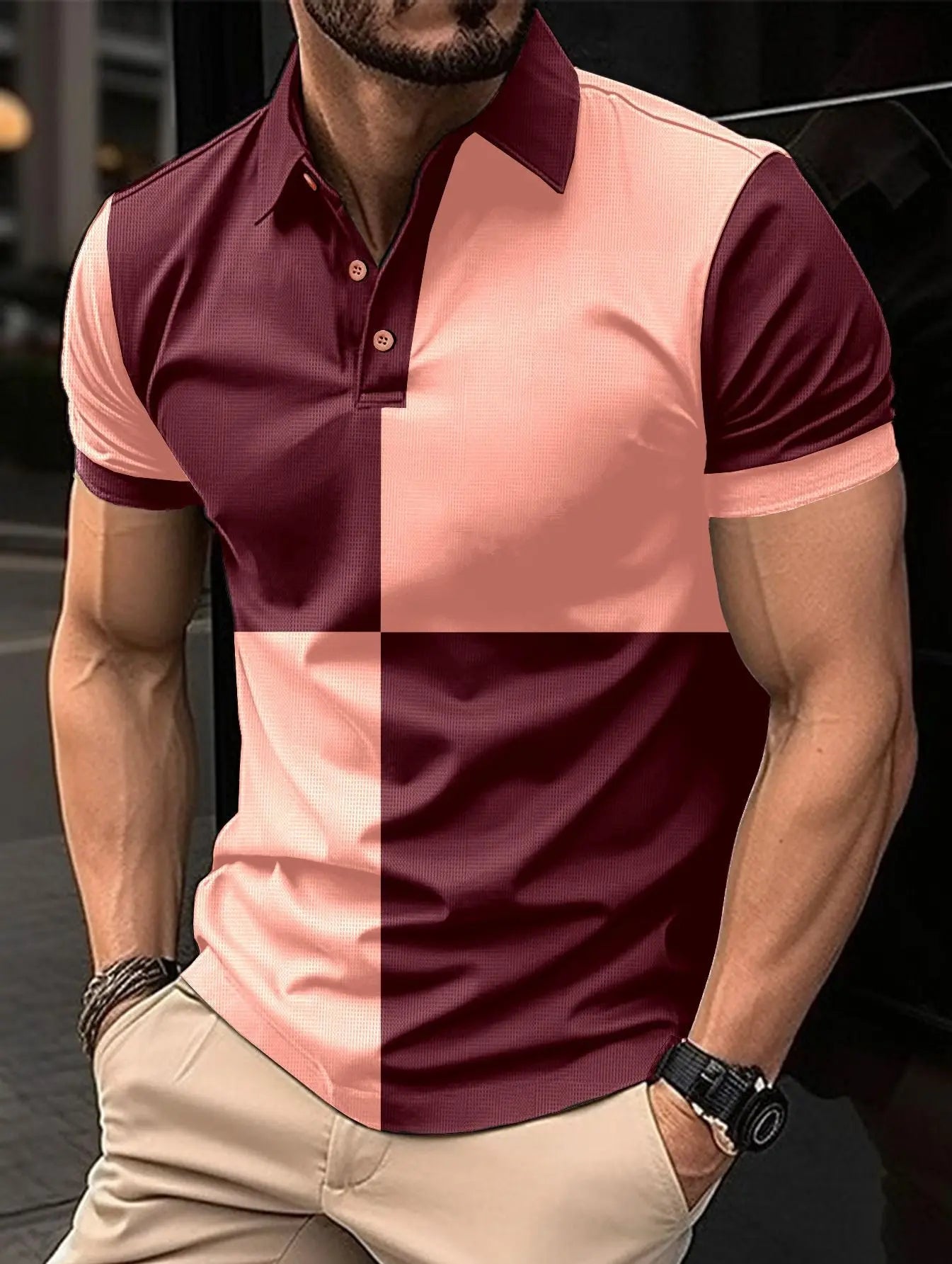 Black and white men's casual sports polo shirt with color stitching and turnover neck, by Dropshipman.