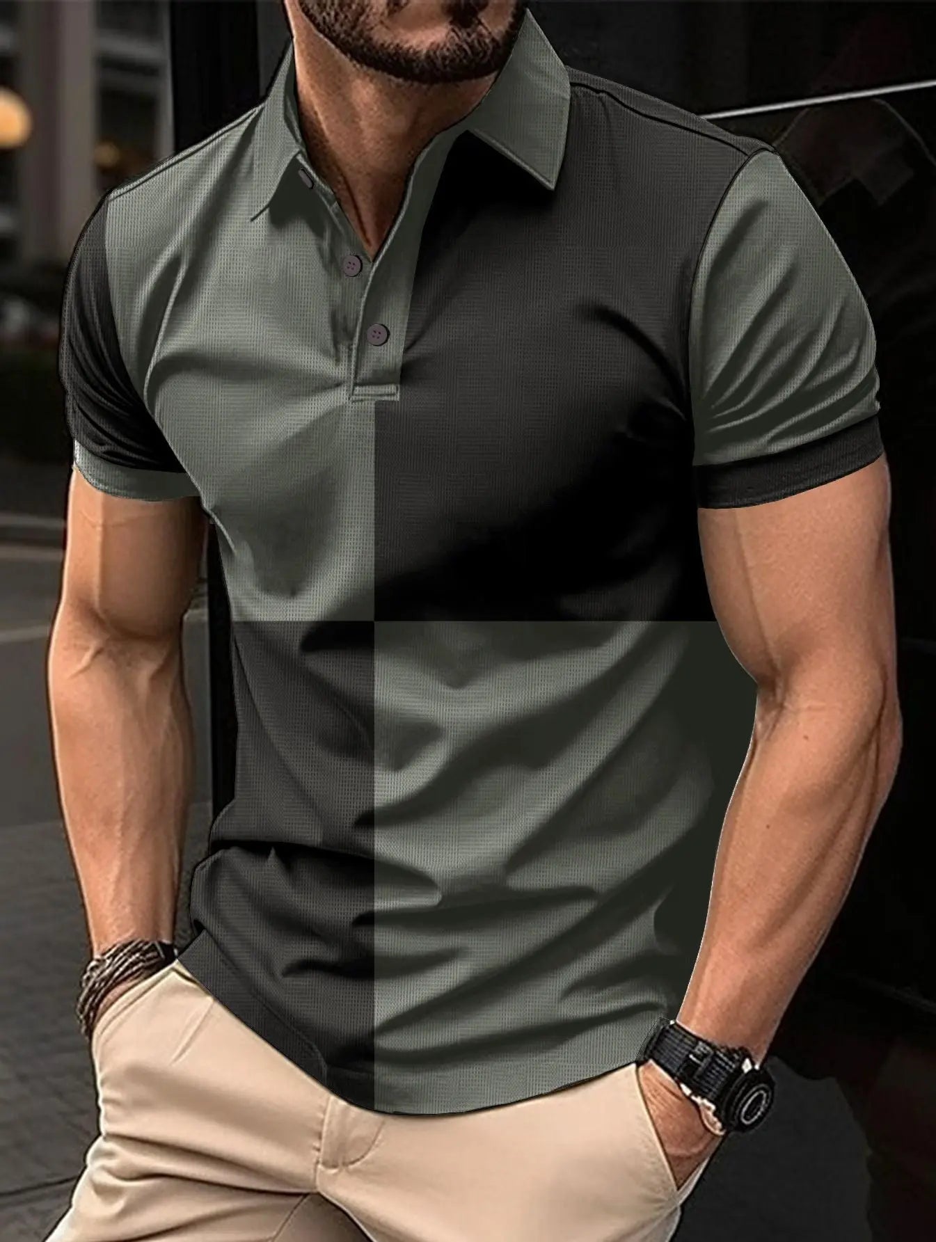 Black and white men's casual sports polo shirt with color stitching and turnover neck, from Dropshipman.