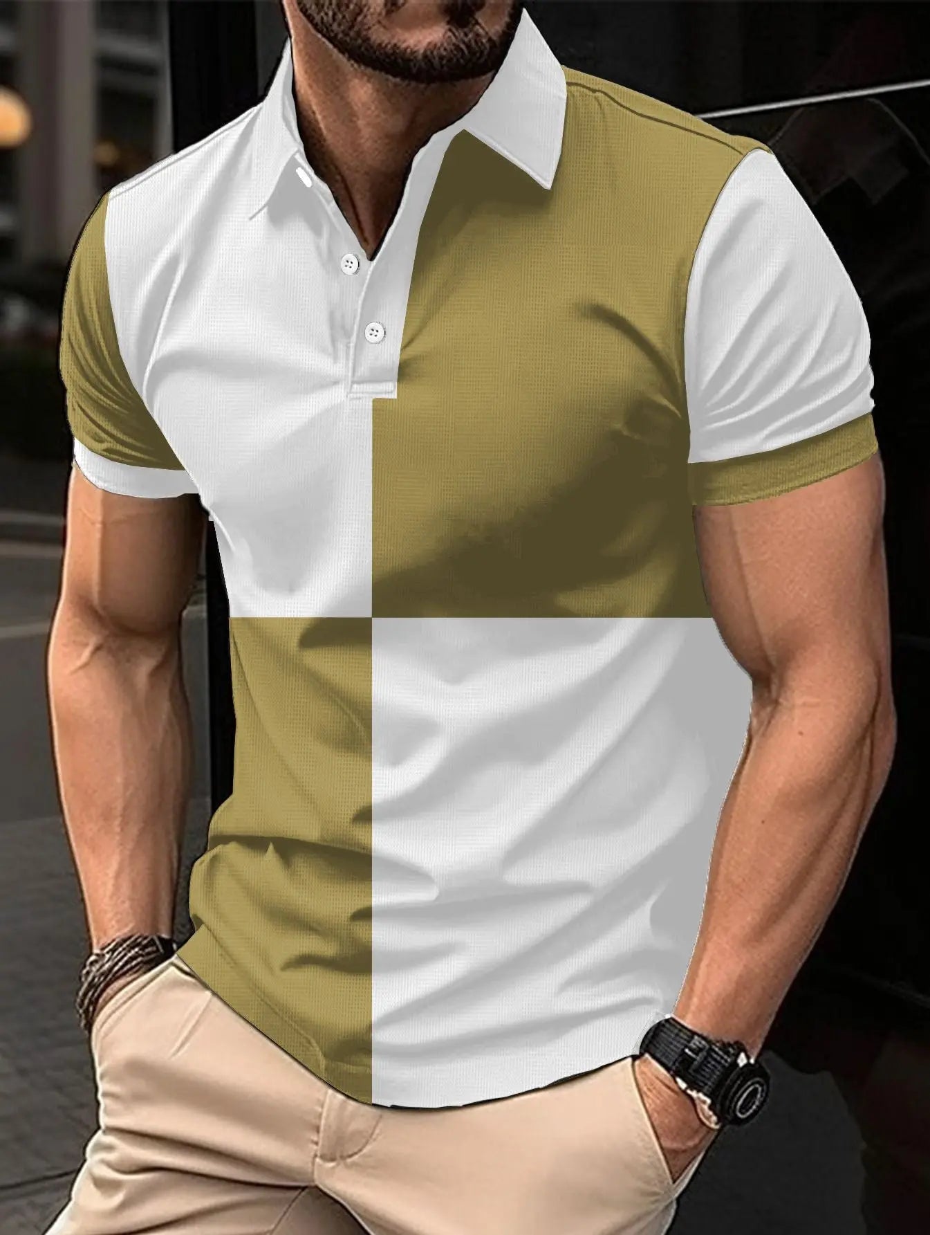 Black and white men's casual sports polo shirt with color stitching and turnover neckline by Dropshipman.