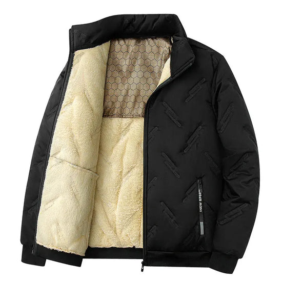 Black graphene-design cotton coat for men, featuring a thick fleece lining, casual winter jacket, warm and stylish men&