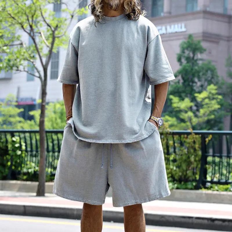 Dropshipman men's black 2-piece loose sports suit with round neck T-shirt and drawstring shorts, casual summer clothing set.