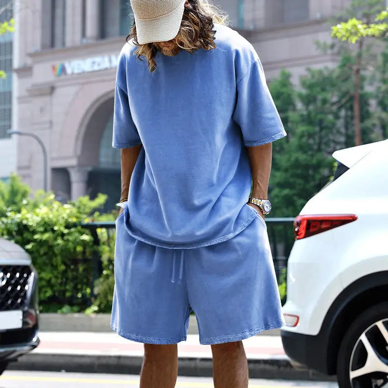 Dropshipman men's 2-piece summer sports suit with round neck T-shirt and drawstring shorts, casual solid color set.