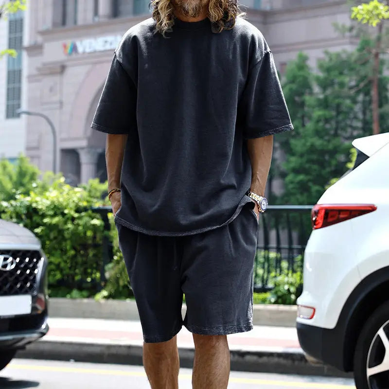 Dropshipman men's 2-piece loose sports suit with black round neck short-sleeve T-shirt and drawstring shorts for summer casual wear.