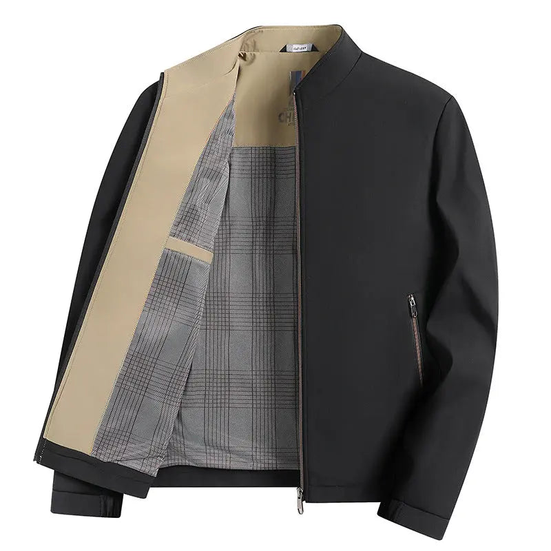 Black men's casual minimalist jacket by Dropshipman, versatile solid-color design with a relaxed fit and simple style.