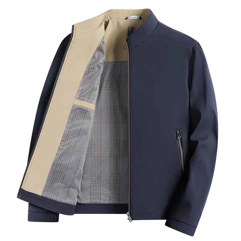 Black men's casual minimalist solid-color versatile jacket by Dropshipman, shown on a model with a simple, stylish design.