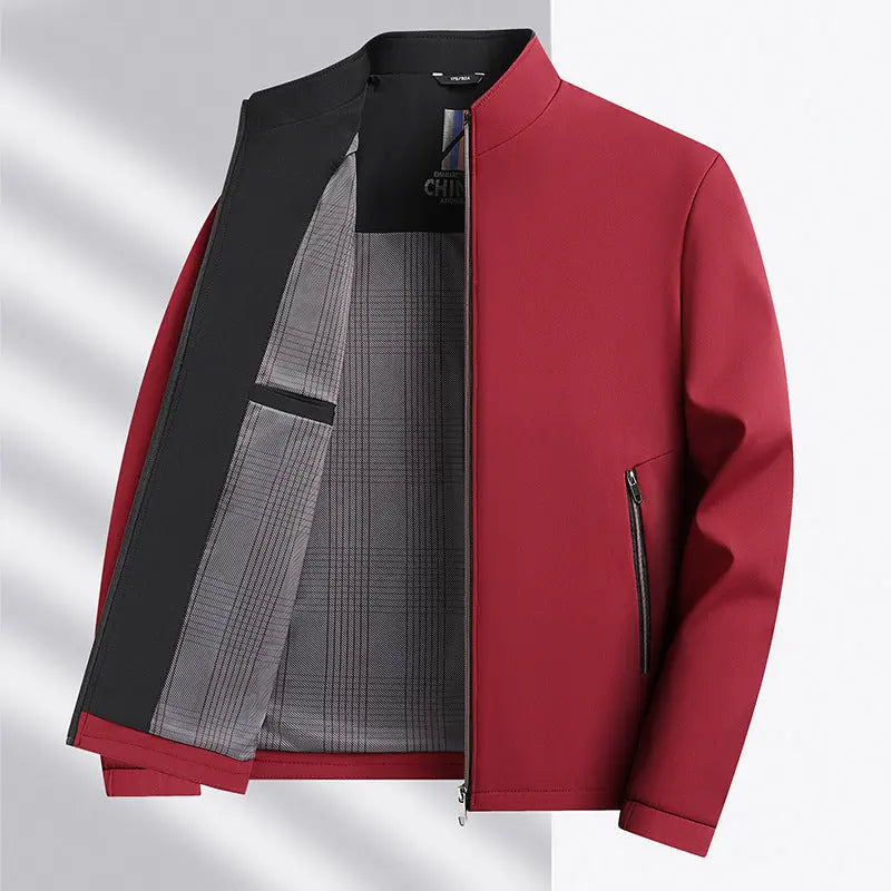 Black men's casual minimalist jacket by Dropshipman, versatile solid color with simple, sleek design for everyday wear.