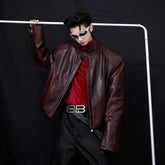Black motorcycle coat stand collar short jacket for men, stylish motorcycle clothing by Dropshipman, front view image.