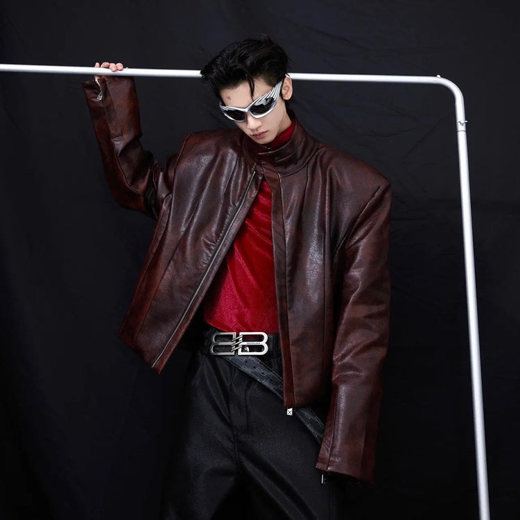 Black motorcycle coat stand collar short jacket for men, stylish motorcycle clothing by Dropshipman, front view image.