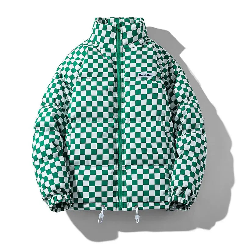 Black men's cotton-padded jacket with stand collar, chessboard pattern, thick and warm, ideal for cold weather from Dropshipman.