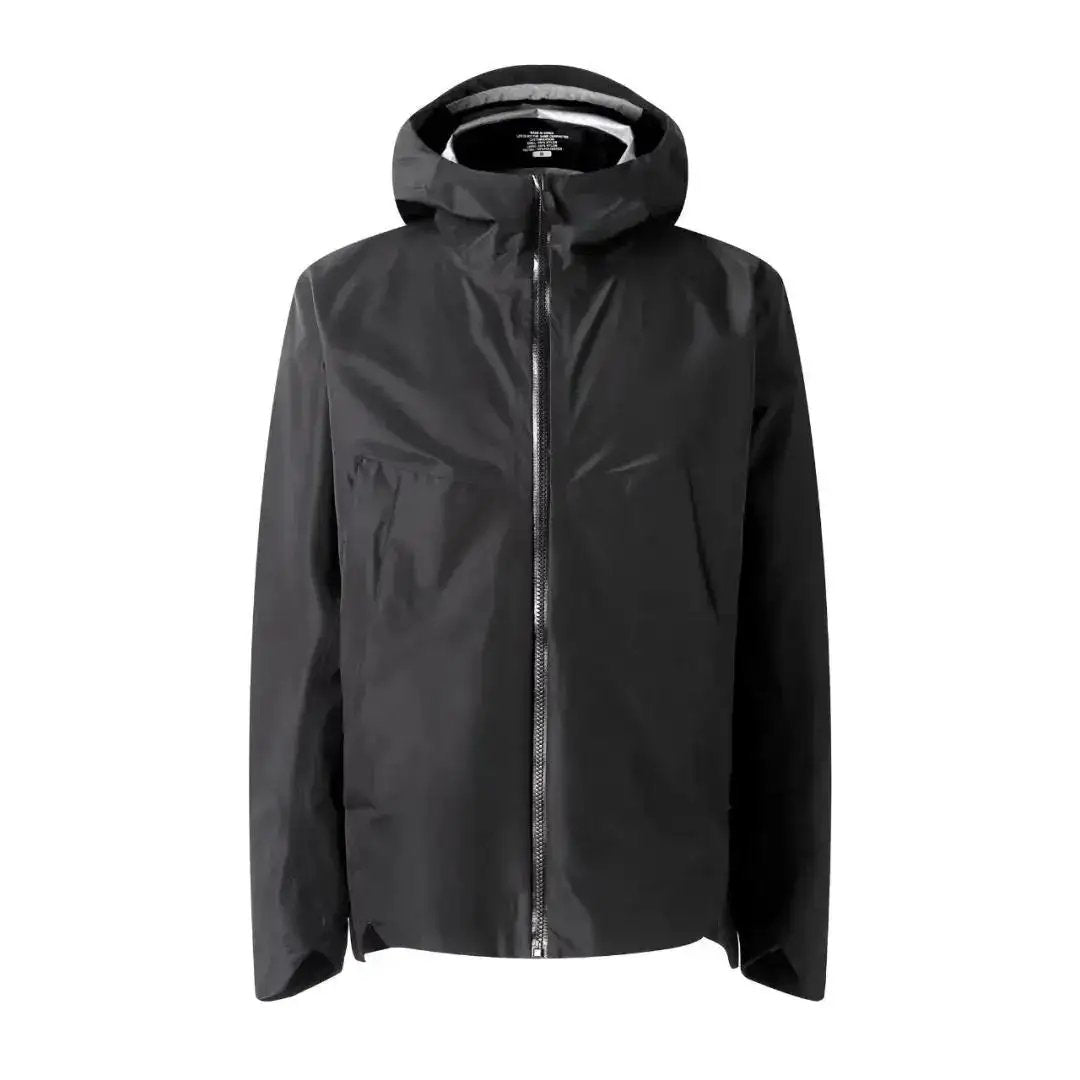 Black high-end men's outdoor shell jacket by Dropshipman, showing its durable waterproof fabric and adjustable hood.