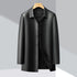 Black leather and down jacket with detachable liner and trench coat style by Dropshipman, shown on a model.