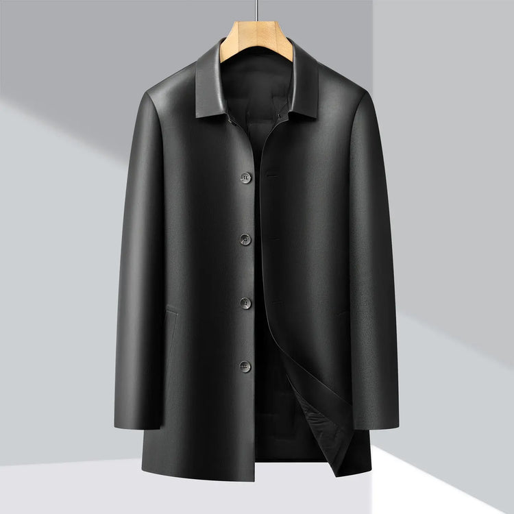 Black leather and down jacket with detachable liner and trench coat style by Dropshipman, shown on a model.