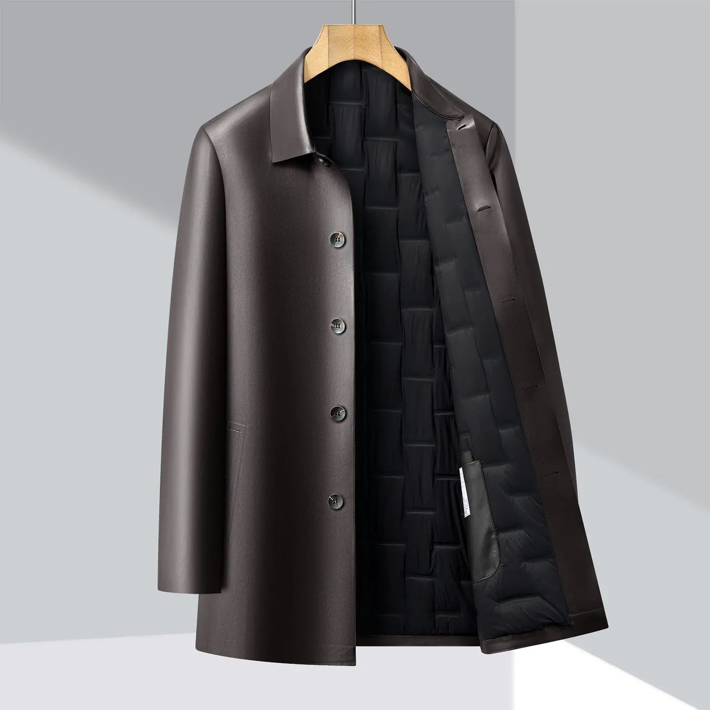 Black leather jacket and down jacket with detachable liner, trench coat style from Dropshipman, shown with front view and collar details.