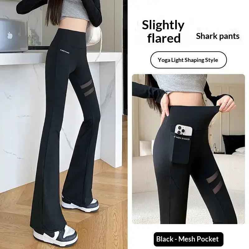 Mesh Pocket Womens SpringSummerAutumn Thin Hollowed-Out High-Waisted Shaping Flare Yoga Pants