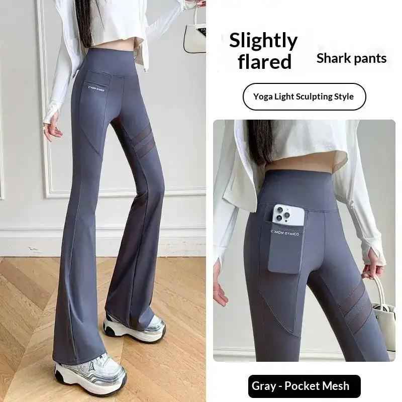 Mesh Pocket Womens SpringSummerAutumn Thin Hollowed-Out High-Waisted Shaping Flare Yoga Pants