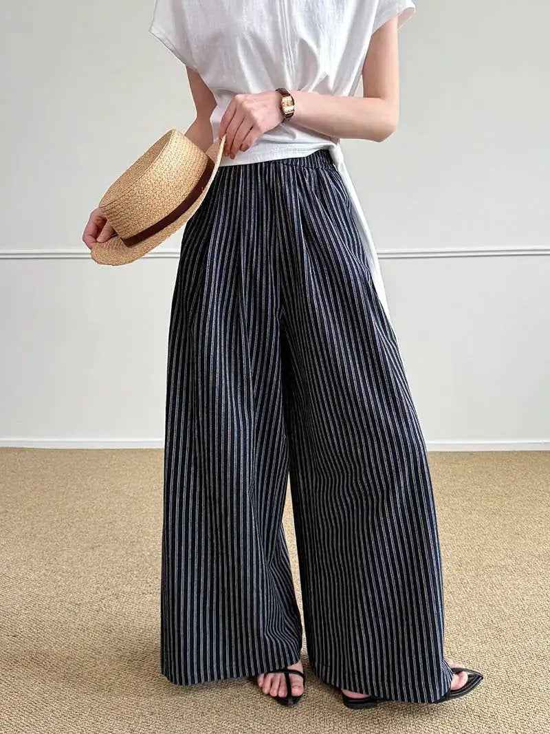 Simple Vertical-striped Casual Pants For Women Relaxed And Loose-fitting