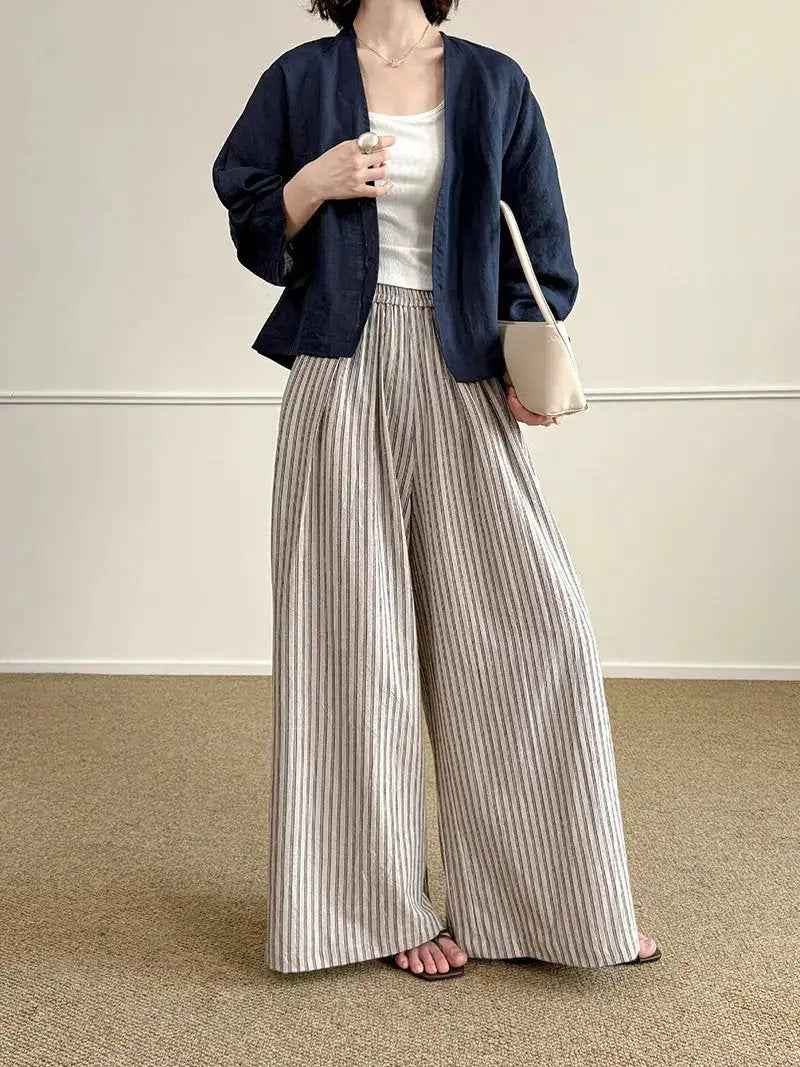 Simple Vertical-striped Casual Pants For Women Relaxed And Loose-fitting