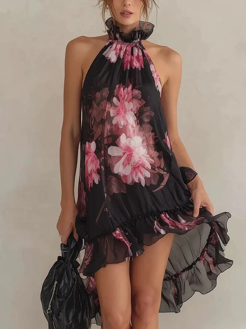 Black and pink chiffon printed off-shoulder sexy dress by Dropshipman, featuring floral design and flowing fabric.