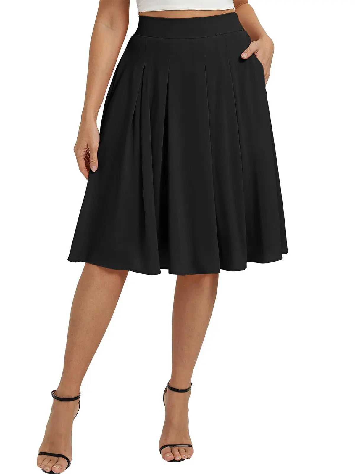 Black commuter slimming skirt with pockets for women, featuring a fitted design and convenient side pockets.