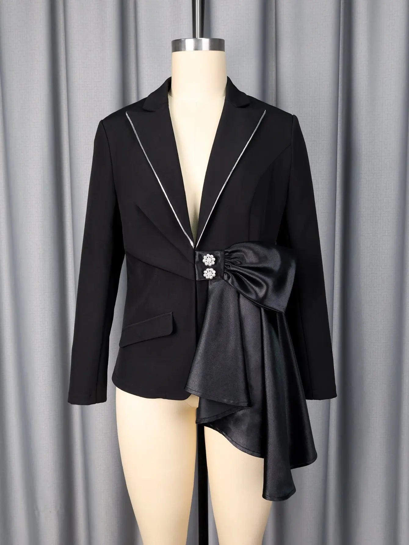 Black fitted blazer jacket by Dropshipman with satin bow and rhinestone trim, stylish and elegant for formal or trendy looks.