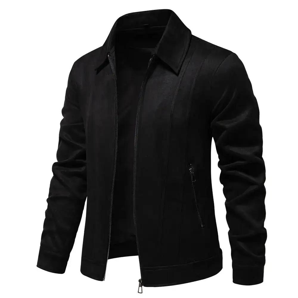 Black men's fashion lapel zipper jacket made of solid suede, ideal for autumn and winter outdoor wear by Dropshipman.