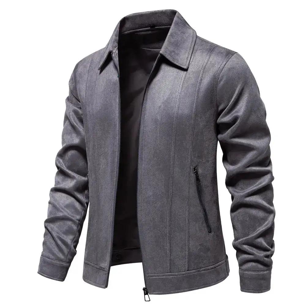 Black men's suede jacket with fashion lapel and zipper, suitable for autumn and winter outdoor wear by Dropshipman.