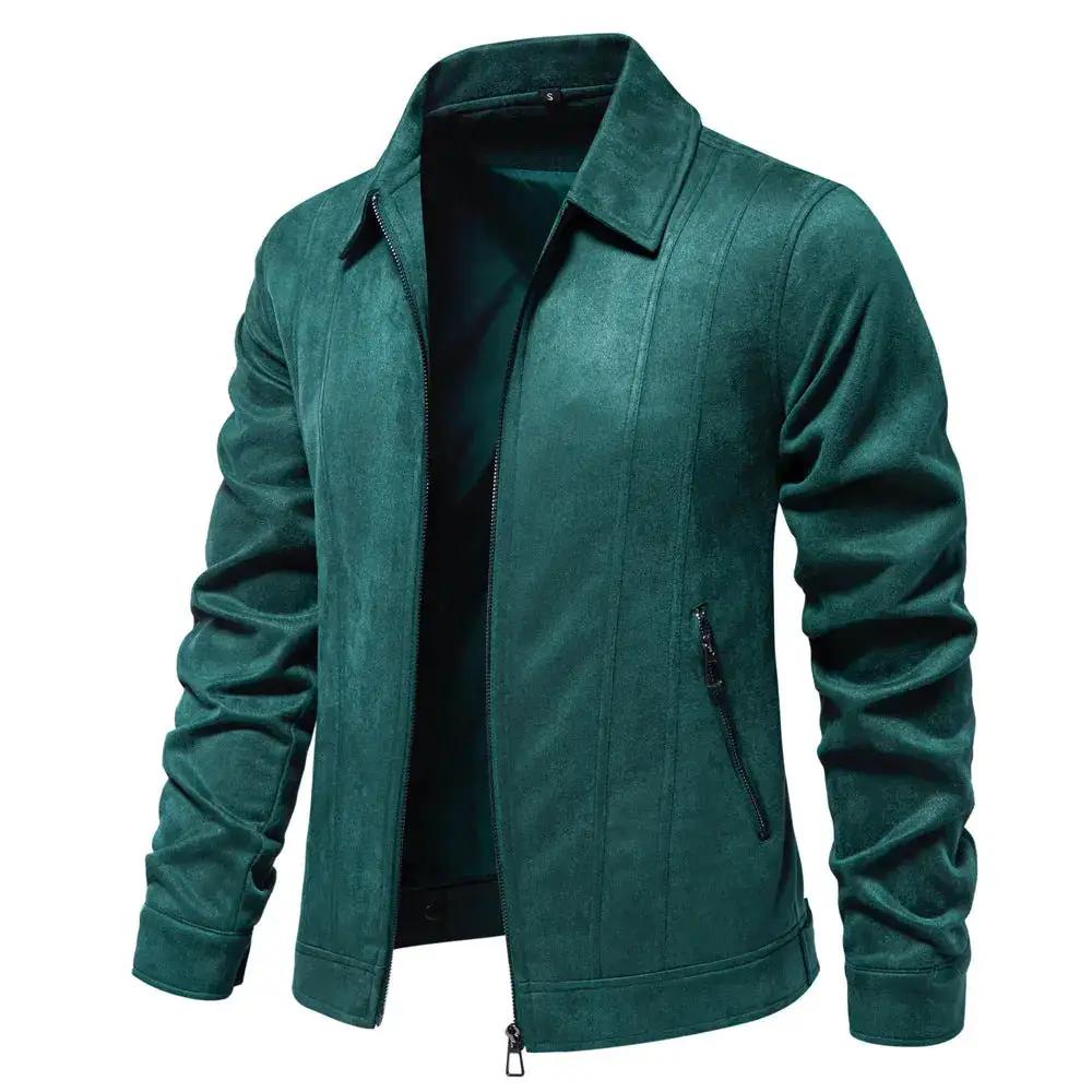 Men's black suede lapel zipper jacket for autumn and winter, stylish solid outdoor coat by Dropshipman.