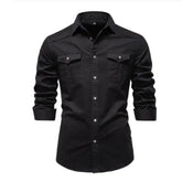 Men’s black long-sleeved denim shirt by Dropshipman, casual slim fit with solid design and button closure.