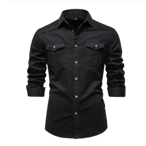 Men’s black long-sleeved denim shirt by Dropshipman, casual slim fit with solid design and button closure.