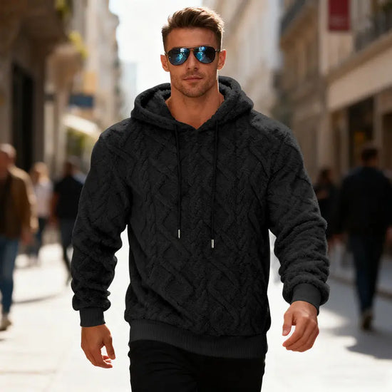 Black plush hooded sweatshirt for men, winter warm long-sleeved fleece pullover top, casual solid color hoodie from Dropshipman