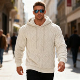 Black plush hooded sweatshirt for men, winter warm long-sleeved fleece pullover casual top with solid color design.