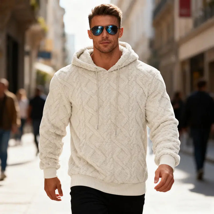 Black plush hooded sweatshirt for men, winter warm long-sleeved fleece pullover casual top with solid color design.