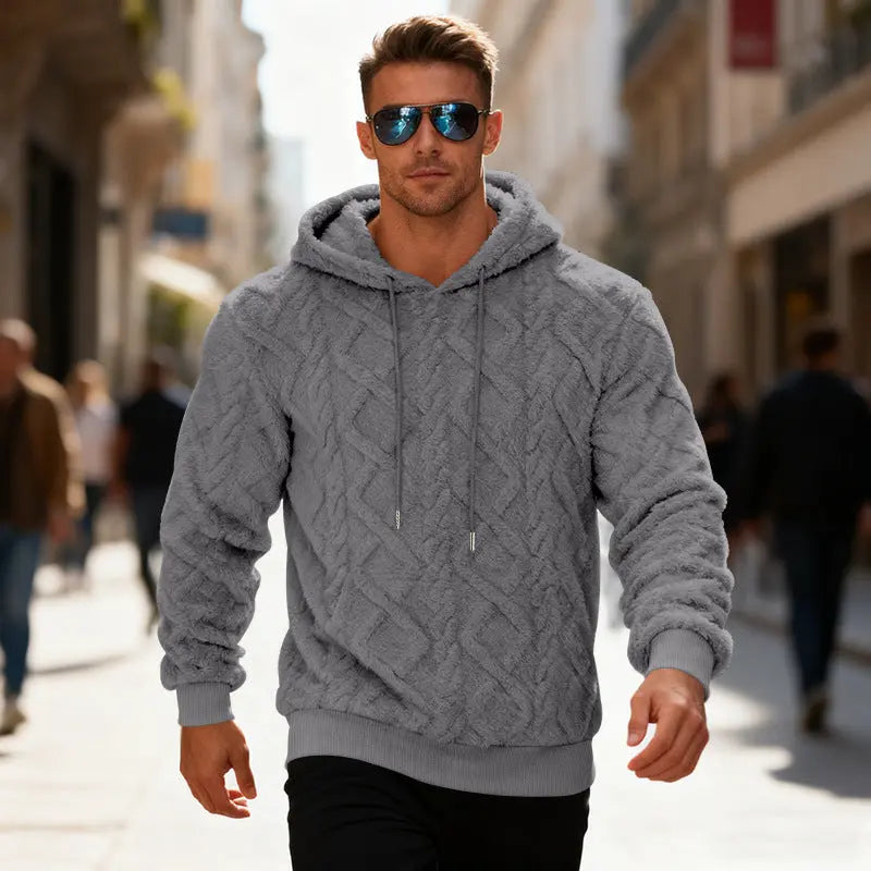 Dropshipman black plush hooded sweatshirt for men, long-sleeved fleece pullover with a casual solid color design for winter warmth.