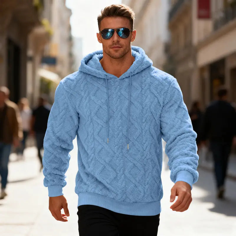 Black plush hooded sweatshirt for men, winter warm long-sleeved fleece pullover, casual solid color hoodie by Dropshipman.