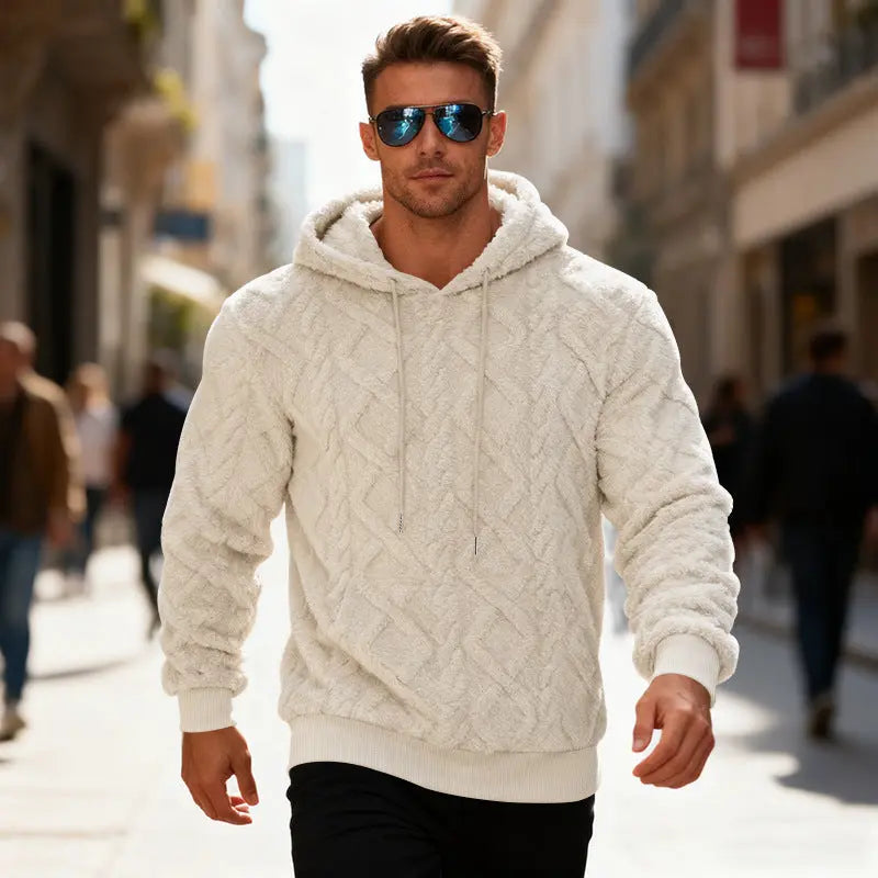 Black plush hooded sweatshirt for men, warm long-sleeved fleece pullover top, casual solid color hoodie by Dropshipman.