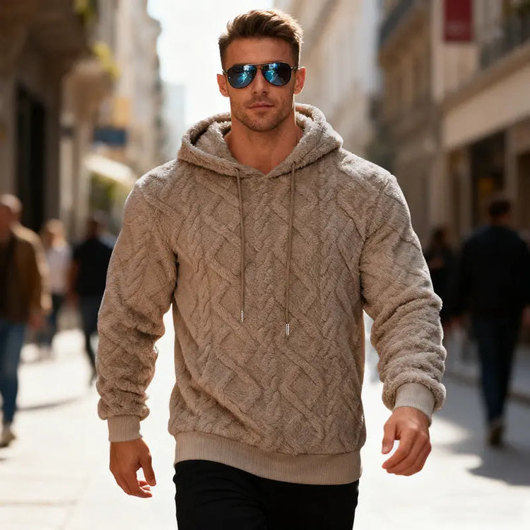 Black plush hooded sweatshirt for men, long-sleeved fleece pullover, casual winter warm hoodie from Dropshipman.