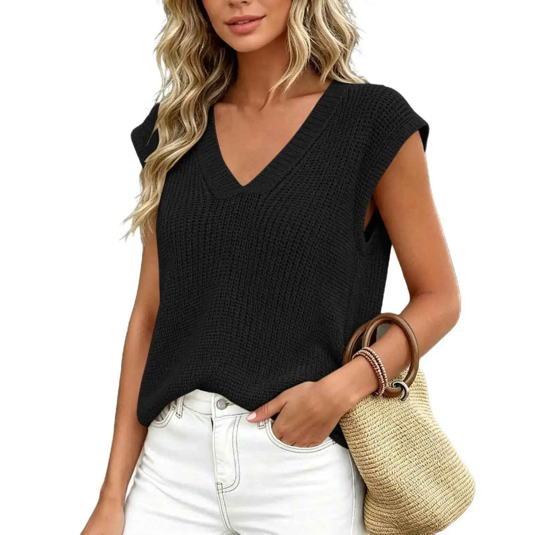 Summer Thin Knit Vest Loose Sleeveless Camisole Top V-neck Sweater Top