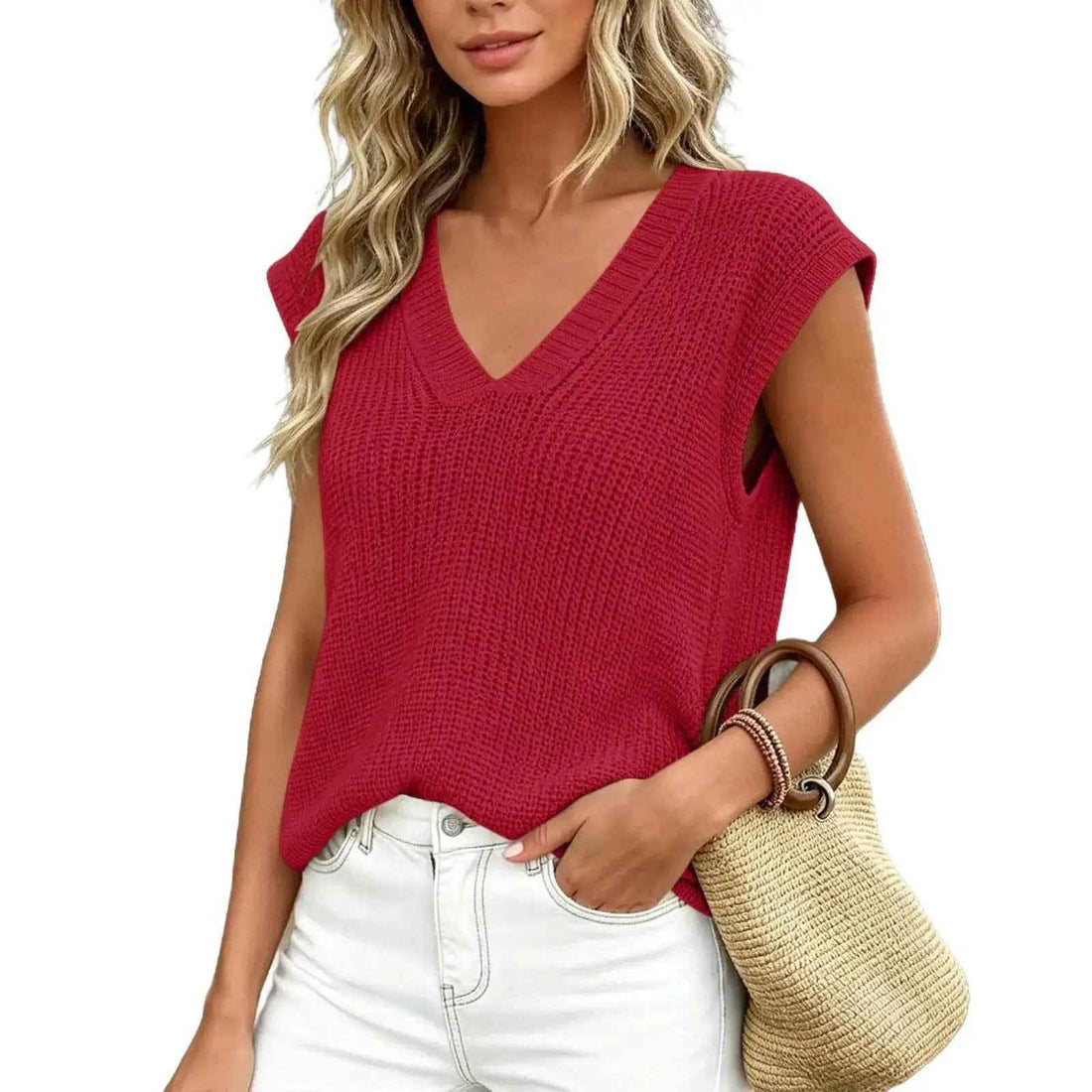 Summer Thin Knit Vest Loose Sleeveless Camisole Top V-neck Sweater Top