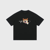 Plus-size black cotton zip-up T-shirt with a Shiba Inu dog print, casual summer style for couples by Dropshipman.