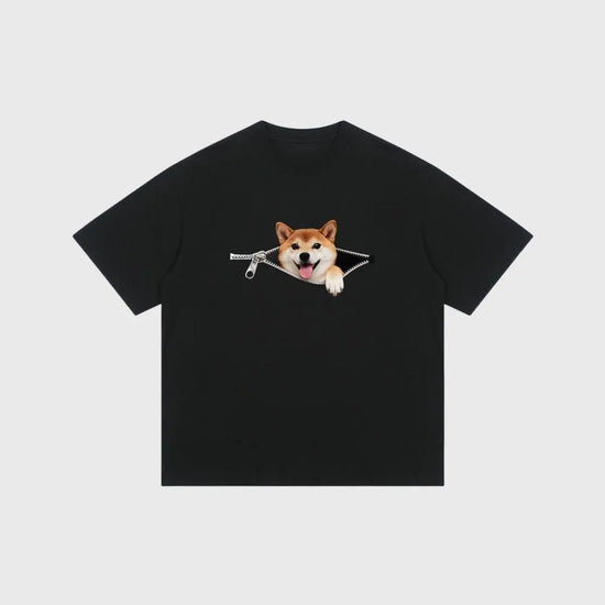 Plus-size black cotton zip-up T-shirt with a Shiba Inu dog print, casual summer style for couples by Dropshipman.