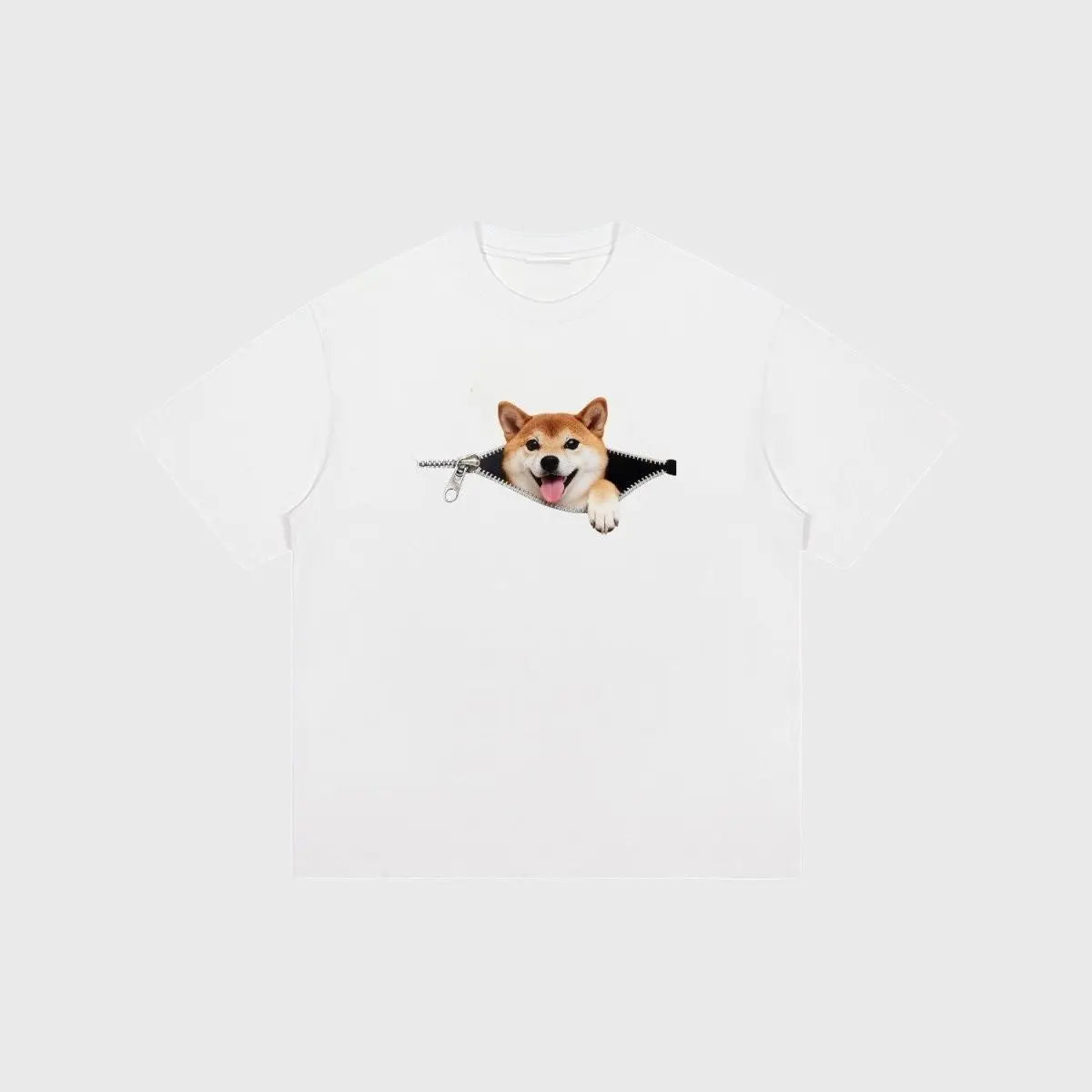 Plus-size cotton zip-up T-shirt featuring a black Shiba Inu dog print, casual summer style for couples by Dropshipman