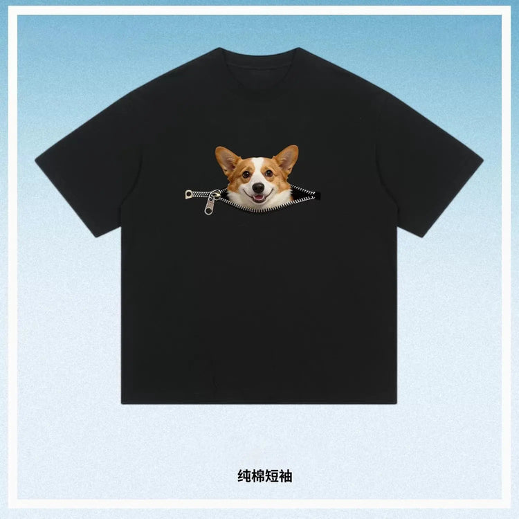 Plus-size cotton zip-up T-shirt featuring a dog print, casual summer style for couples, by Dropshipman.
