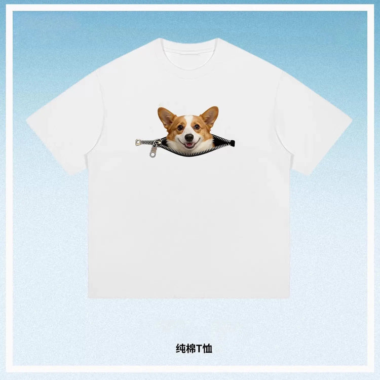 Plus-size cotton zip-up casual T-shirt featuring a black Shiba Inu dog print, ideal for summer and couples, by Dropshipman.